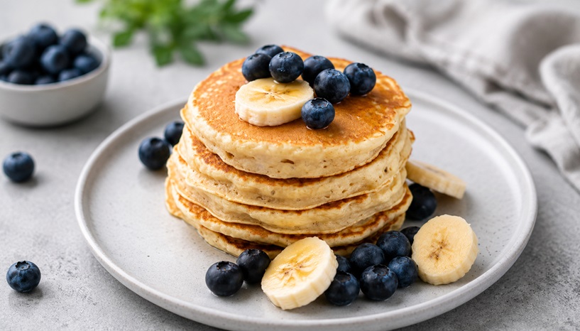 Gesunde High Protein Pancakes mit Obst und Beeren zum Frühstück.
