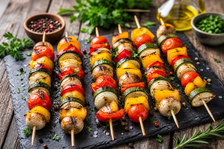 Leichtes Sommergericht, gegrillte Gemüse-Spieße.