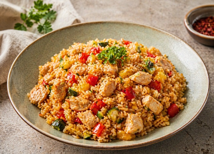 Paprika Reis mit Putenfleisch.