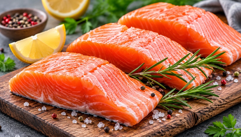 Proteinquelle Lachs - frisch Lachsfilets auf Holzbrett.