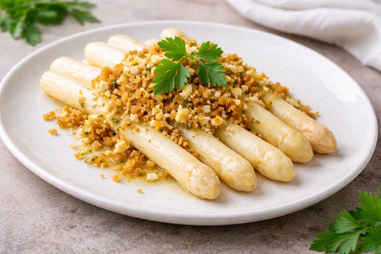 Saisonales Gemüse - weißer Spargel mit Butterbröseln.