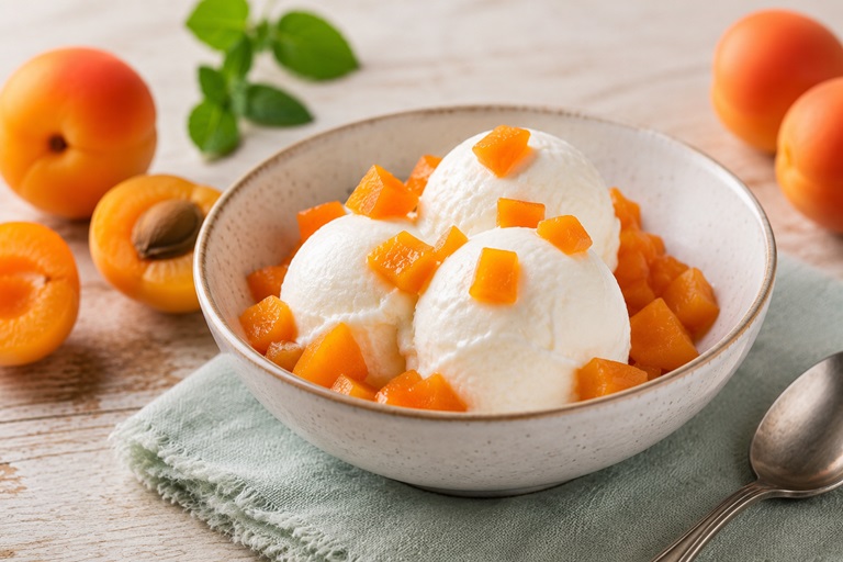 Frozen Joghurt - Frozen-Joghurt Marille in einer Schale angerichtet.