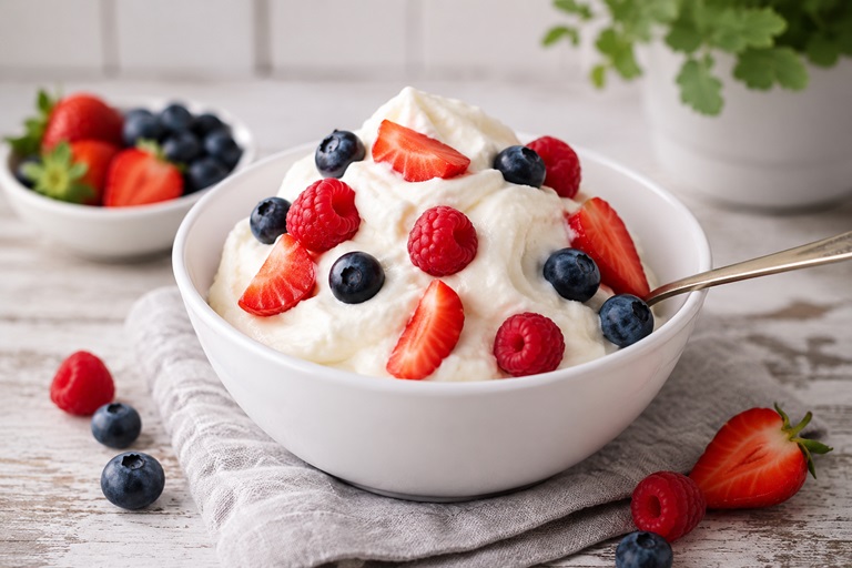 Cremiger Frozen Joghurt im Schälchen garniert mit frischen Beeren