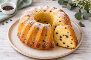Glutenfrei Backen - glutenfreier Gugelhupf mit Schokostückchen auf einem Teller.