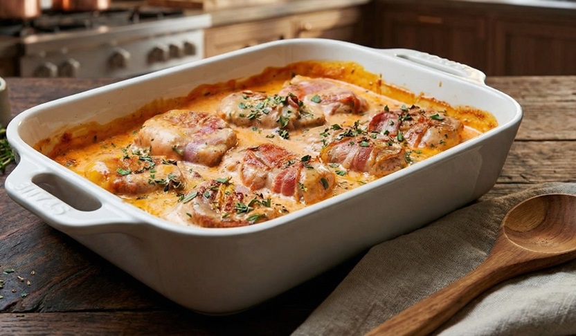 Geschmortes Schweinefilet in Sauce im Ofen zubereitetn.