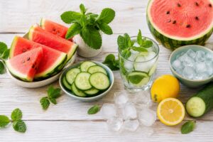 Kühlende Lebensmittel für den Sommer - Wassermelonen, Gurken, Minze, Zitrusfrüchte.