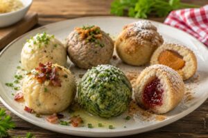 Österreichische Knödelvariationen auf einem Teller: herzhafte und süße Knödel aus Österreich