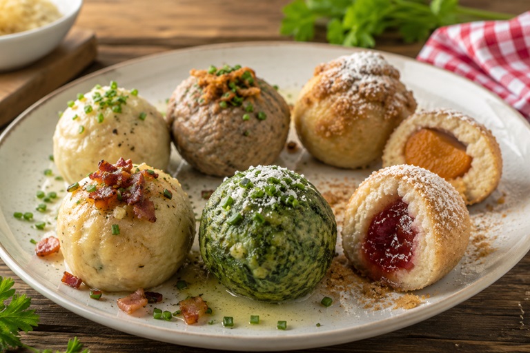 Österreichische Knödelvariationen auf einem Teller: herzhafte und süße Knödel aus Österreich