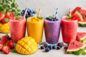 Erfrischende Sommer-Smoothies - Erdbeer-, Mango-, Heidelbeer- und Wassermelonen-Smoothies.