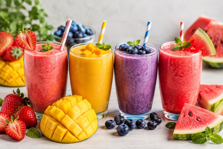 Erfrischende Sommer-Smoothies - Erdbeer-, Mango-, Heidelbeer- und Wassermelonen-Smoothies.