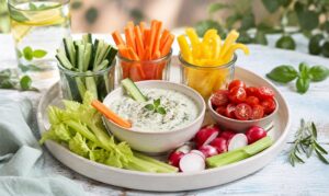 Leichte Snacks für heiße Sommertage - Gemüsesticks, Tomaten und Radieschen mit Kräuterdip.