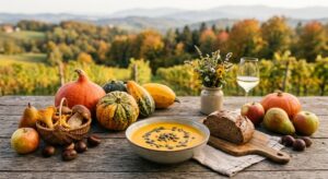 Rustikale Kürbiscremesuppe mit Kernöl, Kürbisse, Pilze und Äpfel auf Holztisch in herbstlicher österreichischer Landschaft