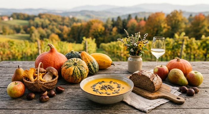 Rustikale Kürbiscremesuppe mit Kernöl, Kürbisse, Pilze und Äpfel auf Holztisch in herbstlicher österreichischer Landschaft