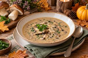 Herbstliche Pilzsuppe mit Kürbis und saisonalen Zutaten