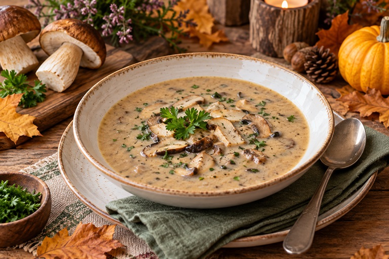 Herbstliche Pilzsuppe mit Kürbis und saisonalen Zutaten