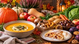 Herbstgerichte mit Kürbis, Pilzen und saisonalem Gemüse,