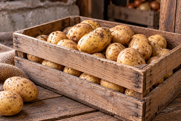 Frische Erdäpfel in einer luftdurchlässigen Holzkiste zur richtigen Lagerung