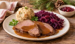 Klassischer Wildbraten mit Rotkraut und Knödeln als herbstliches Wildgericht
