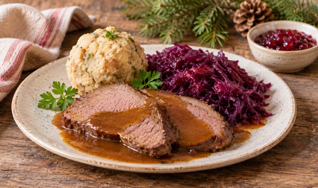 Klassischer Wildbraten mit Rotkraut und Knödeln als herbstliches Wildgericht